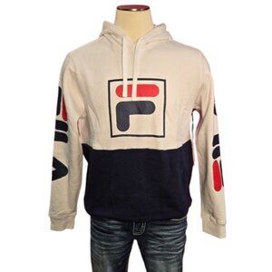 FILA Men’s Graphic Logo Hoodie – White/Navy Colorblock Pullover with Sleeve Prin